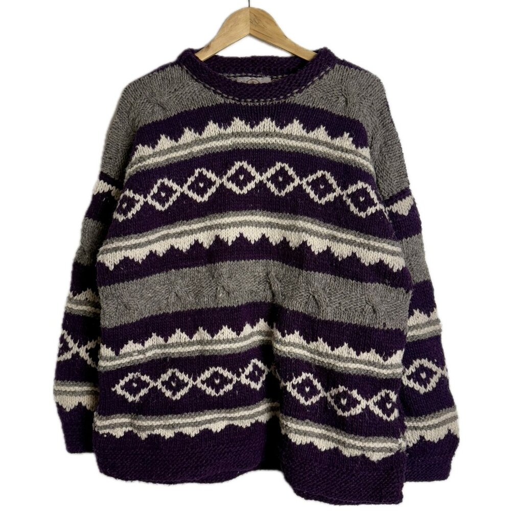 Vintage Sweater Men Large Purple Grey Wool Cableknit 90s Ecuador Geo Chunky Ski